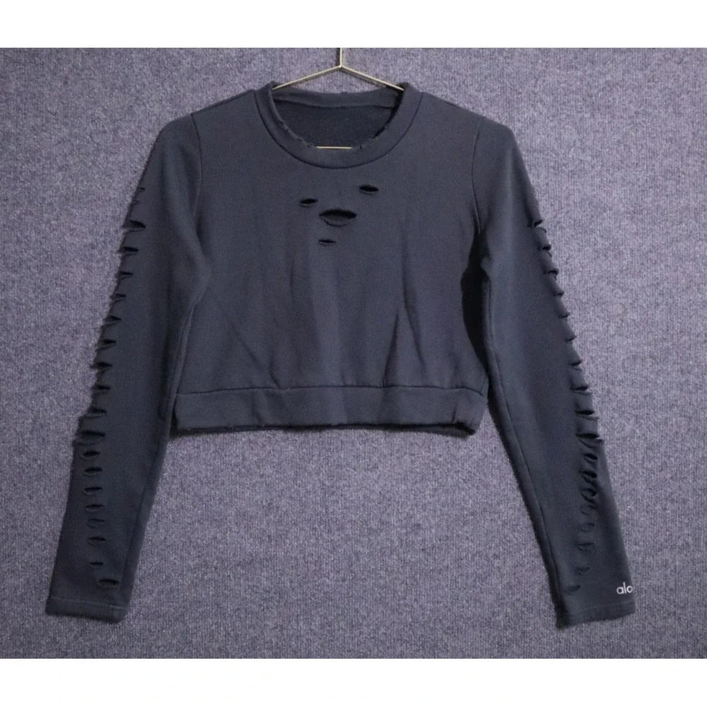 Alo Yoga Sweater Women Small Gray‎ Relaxed Fit Ripped Warrior Crop Crew LS EUC